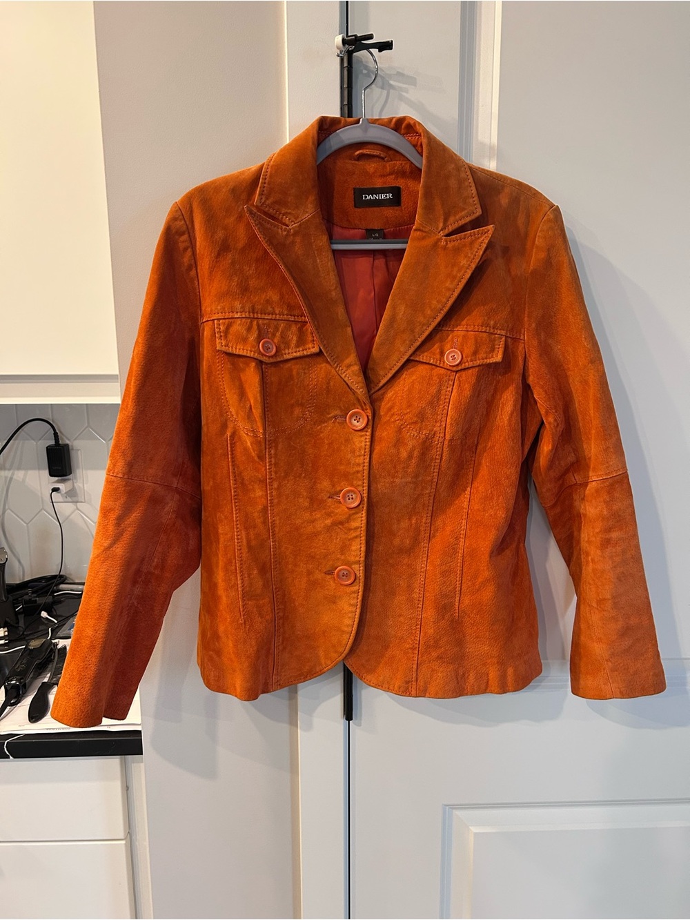 Vintage Danier Bright Orange Genuine Suede Leather Tailored Button Y2K Jacket